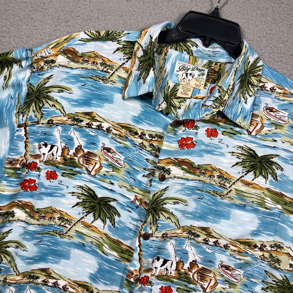 Big Dogs Hawaiian Shirt Mens XL Blue Tropical Island Rayon Short Sleeve Pocket